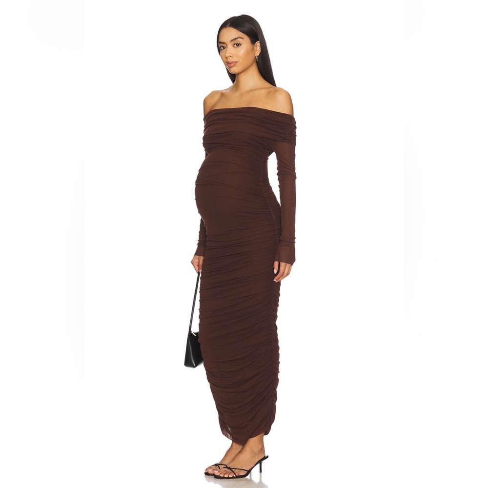 Bumpsuit Off-Shoulder Mesh Maternity Dress in Brown